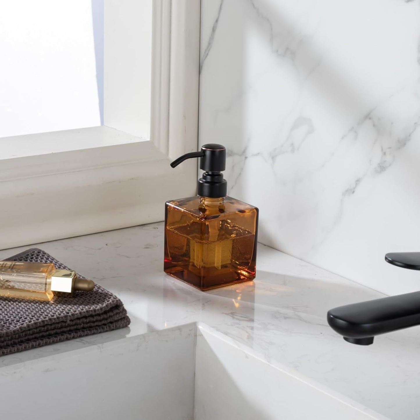 Square Bathroom Soap Dispenser Amber Bottle with Oil Rubbed Bronze Pump, Retangle Cube 8.4 oz Glass Bottles with Stainless Steel Pump Hand Liquid Soap Dispenser Kitchen