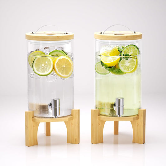 1.2 Gallon Glass Drink Dispenser For Parties, Beverage Dispenser With Bamboo Wood Stand And Stainless Steel Spigot, Countertop Water Dispenser, Lemonade Dispenser For Wedding, Picnic (2PACK)