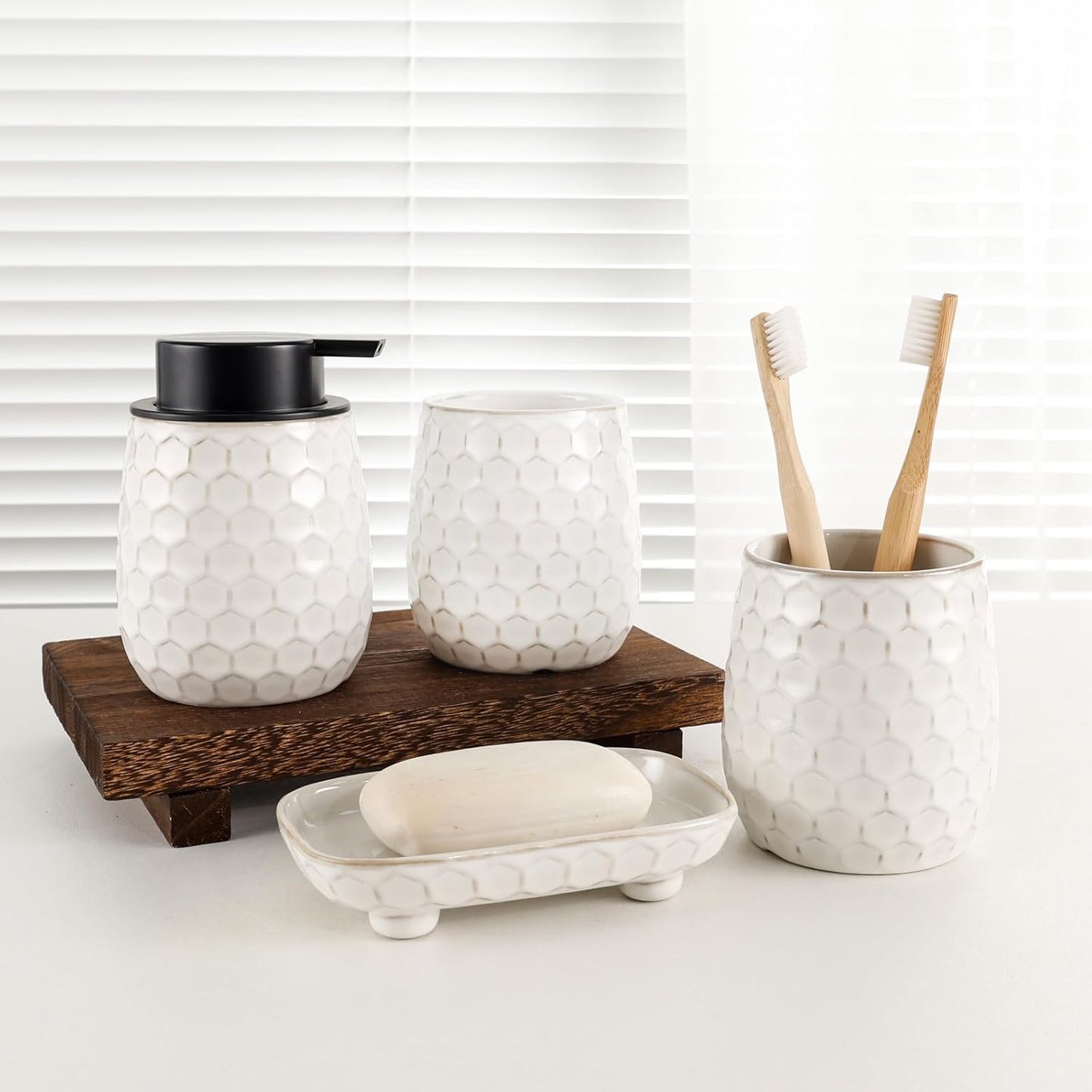 Bathroom Accessory Set 4PCS, Ceramic Bathroom Accessories Set, Bathroom Accessories Sets Complete, White Honeycomb Design, Home Apartment Modern Bath Decor Vanity Countertop, ANTIS'S HOME