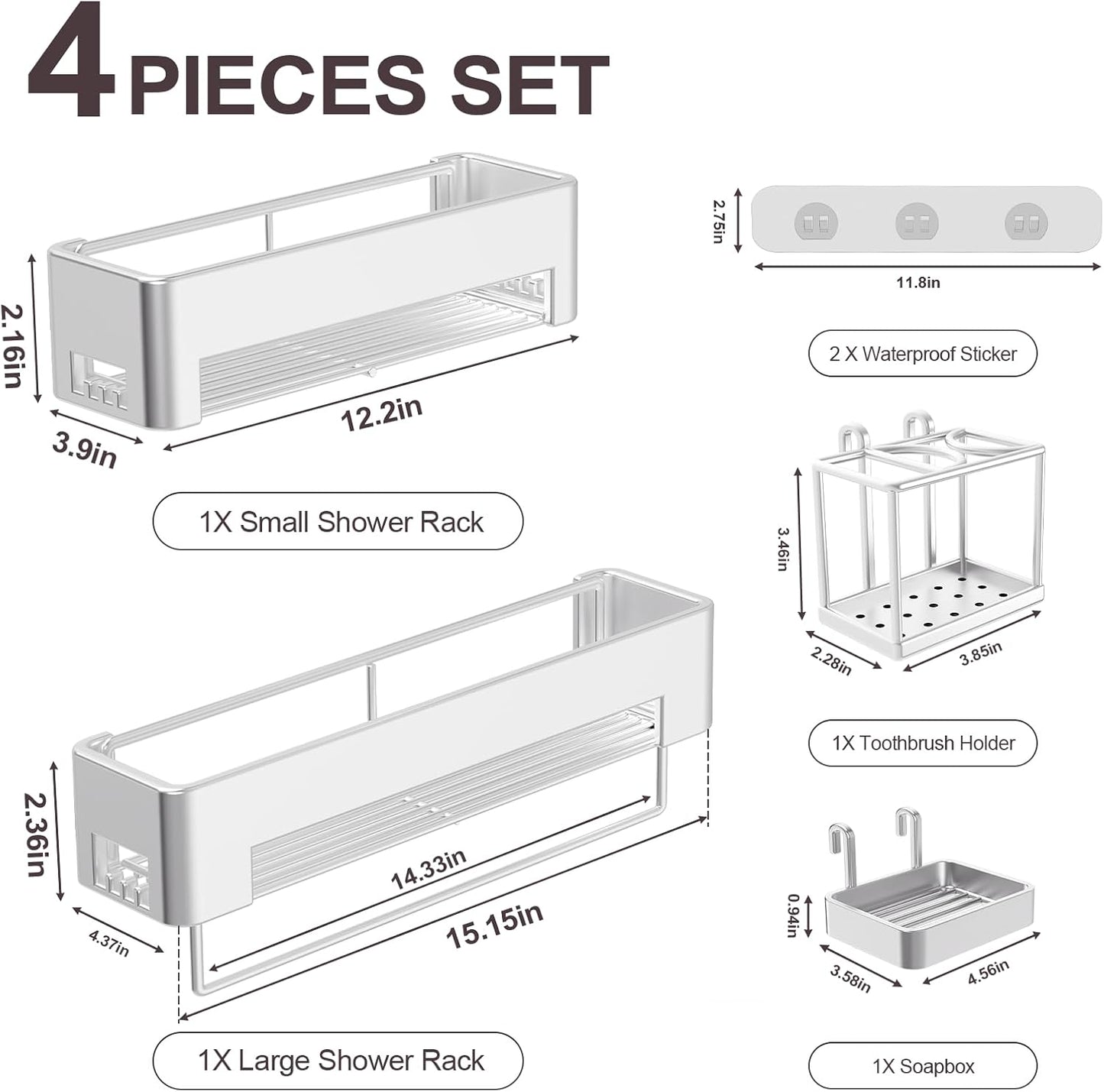 Large Shower Caddy, 4 Pack Adhesive Shower Organizer, 15.15in Large Capacity Bathroom Shelves, No Drilling for Bathroom Organizers and Storage & Home Decor & Kitchen (slive)