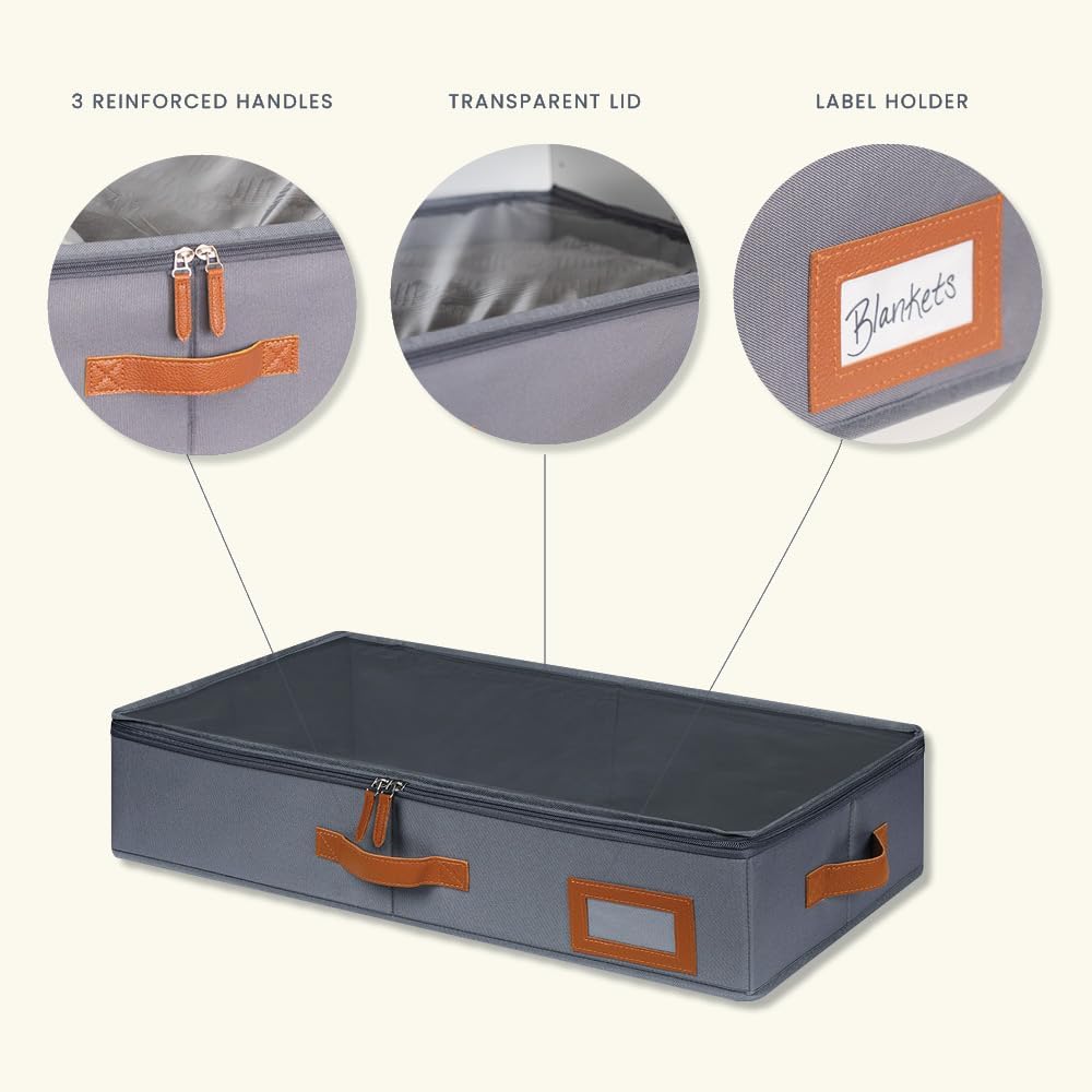 OrganiHaus Under Bed Storage Containers, Bedroom Storage and Organization Bins, Clothes Organizer for Closet with Clear Cover and Reinforced Handles - Set of 2 33x17x6 inches Gray