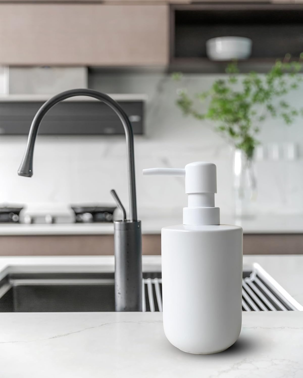 Ceramic Hand Soap Dispenser with Plastic Pump - Simple Style, White Cylindrical Soap Dispenser for Bathroom and Kitchen