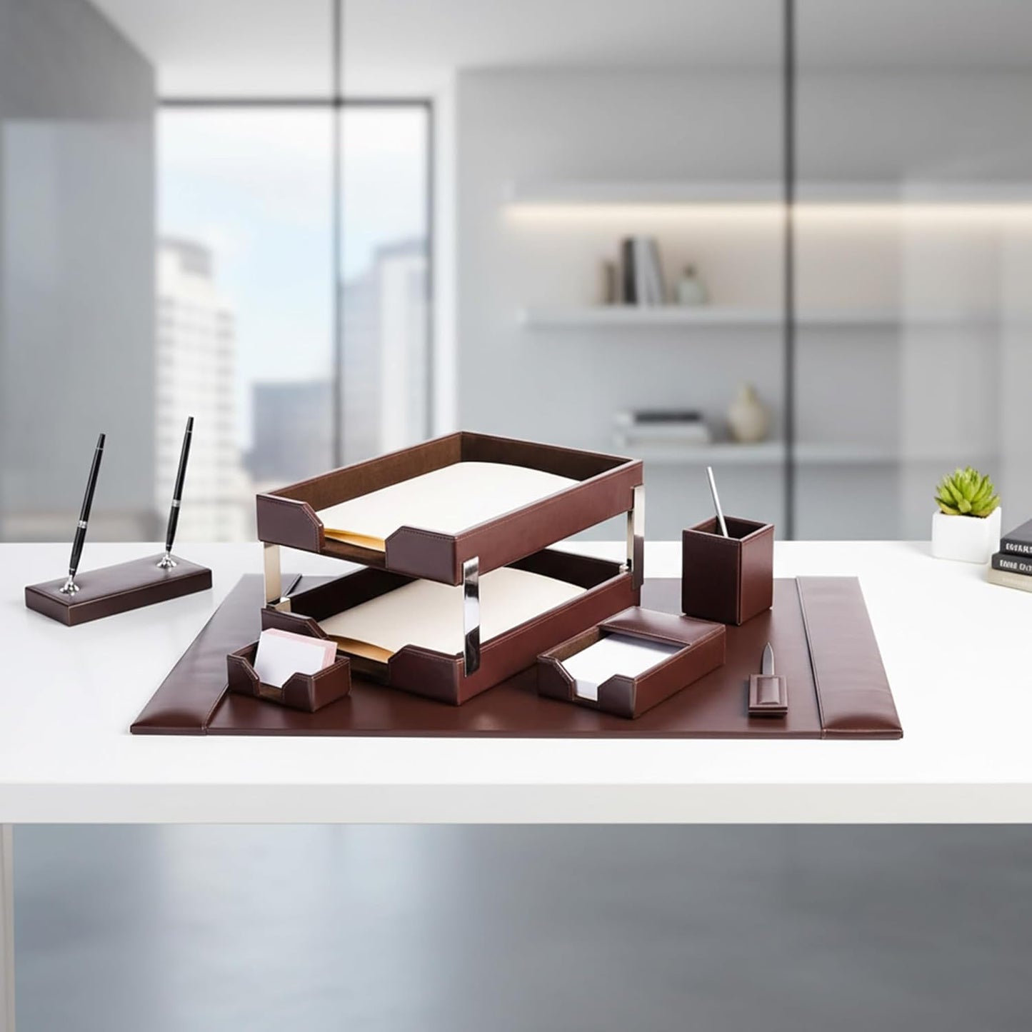 Dark Brown Bonded Leather 9-Piece Desk Set