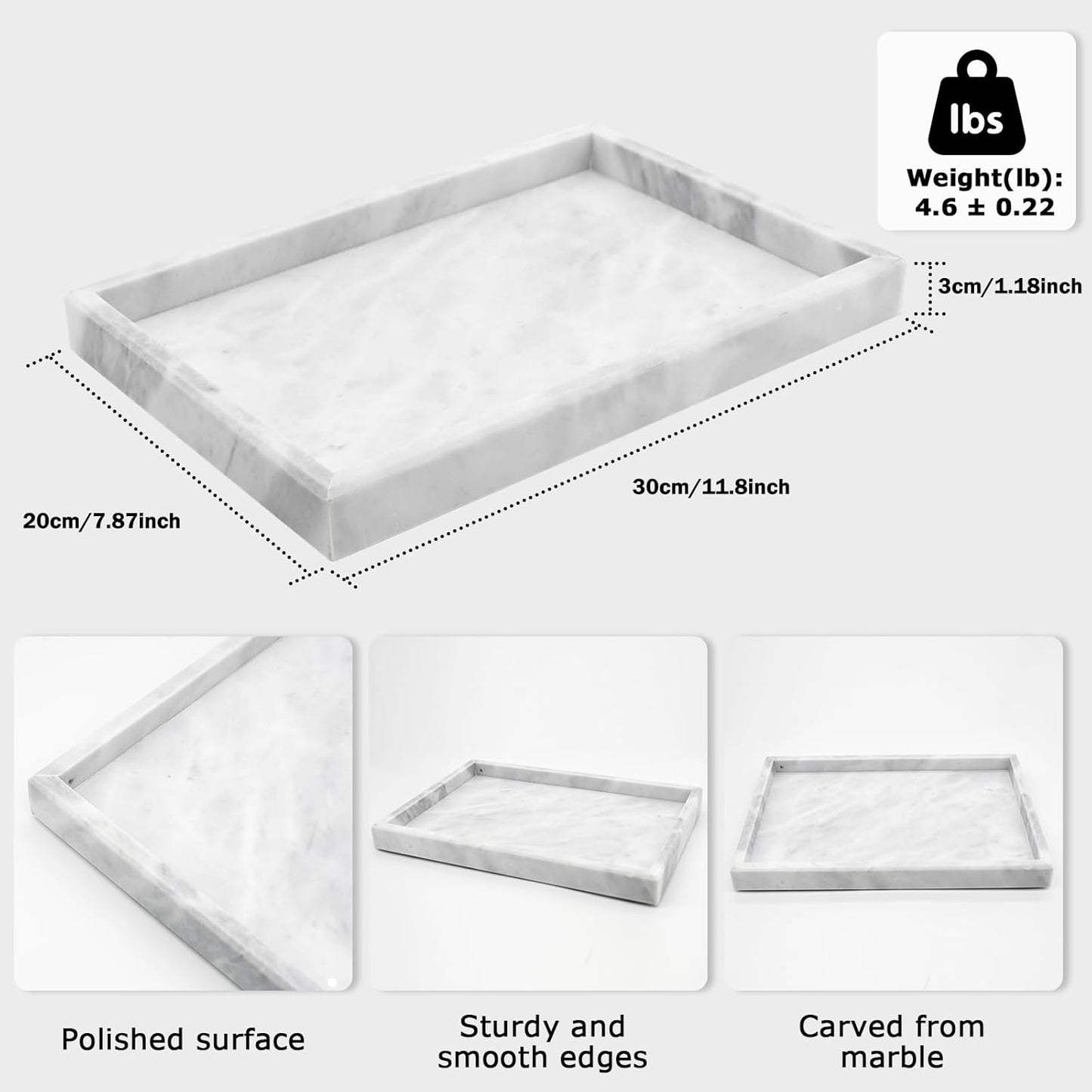 Marble Bathroom Tray,Pure Natural Marble Vanity Tray,Marble Tray for Kitchen Counter Non-Ceramic/Non-Resin,Stone Tray 12 x 8 inch (White)