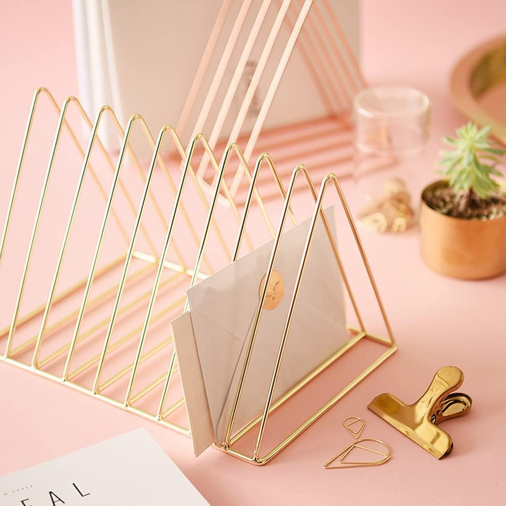 Sooyee 9 Slot Rose Gold Magazine Holder,Desktop File Sorter Organizer Triangle Bookshelf Decor Home Office