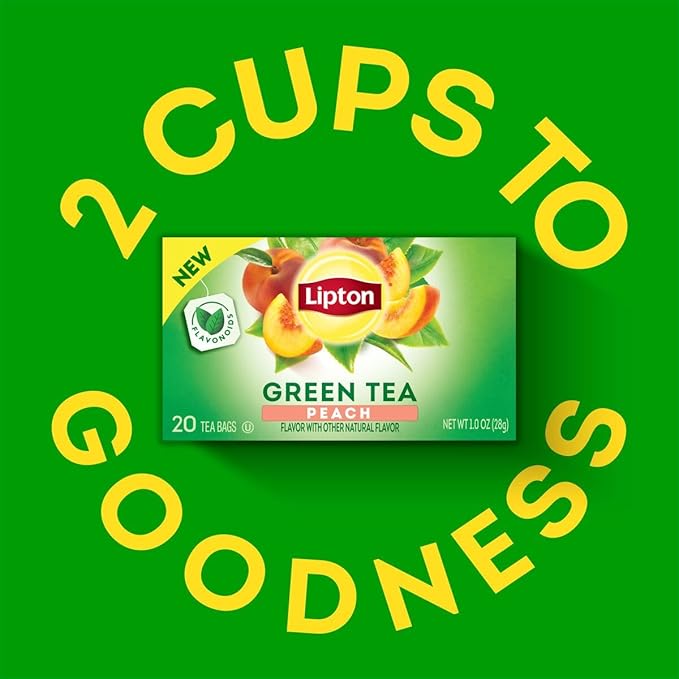 Lipton Green Tea Bags, Peach | 20 Tea Bags | Pack of 3 | With Caffeine | With Flavonoids