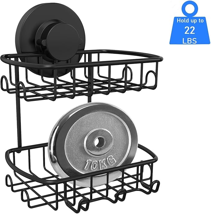 Soap Dish for Shower Suction Cup Powerful Vacuum System Rustproof 304 Stainless Steel Basket Sponges Holder with Razor Hooks for Bathroom or Kitchen Soap Holder, 2 Tier (Black)