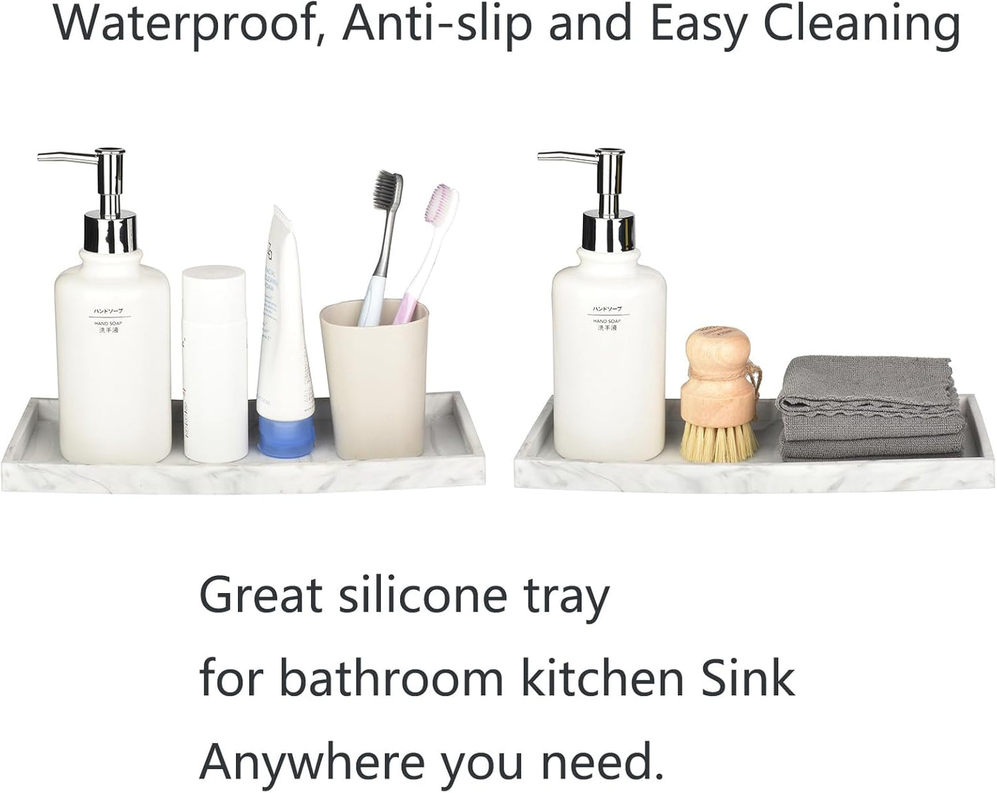 DNC Silicone Bathroom Tray for Counter, 2PC (7.9" +11.8") Vanity Tray for Countertop, Kitchen Sink Soap Tray for Dish Holder Dispenser Toilet Tank Desk Organizer Marble White