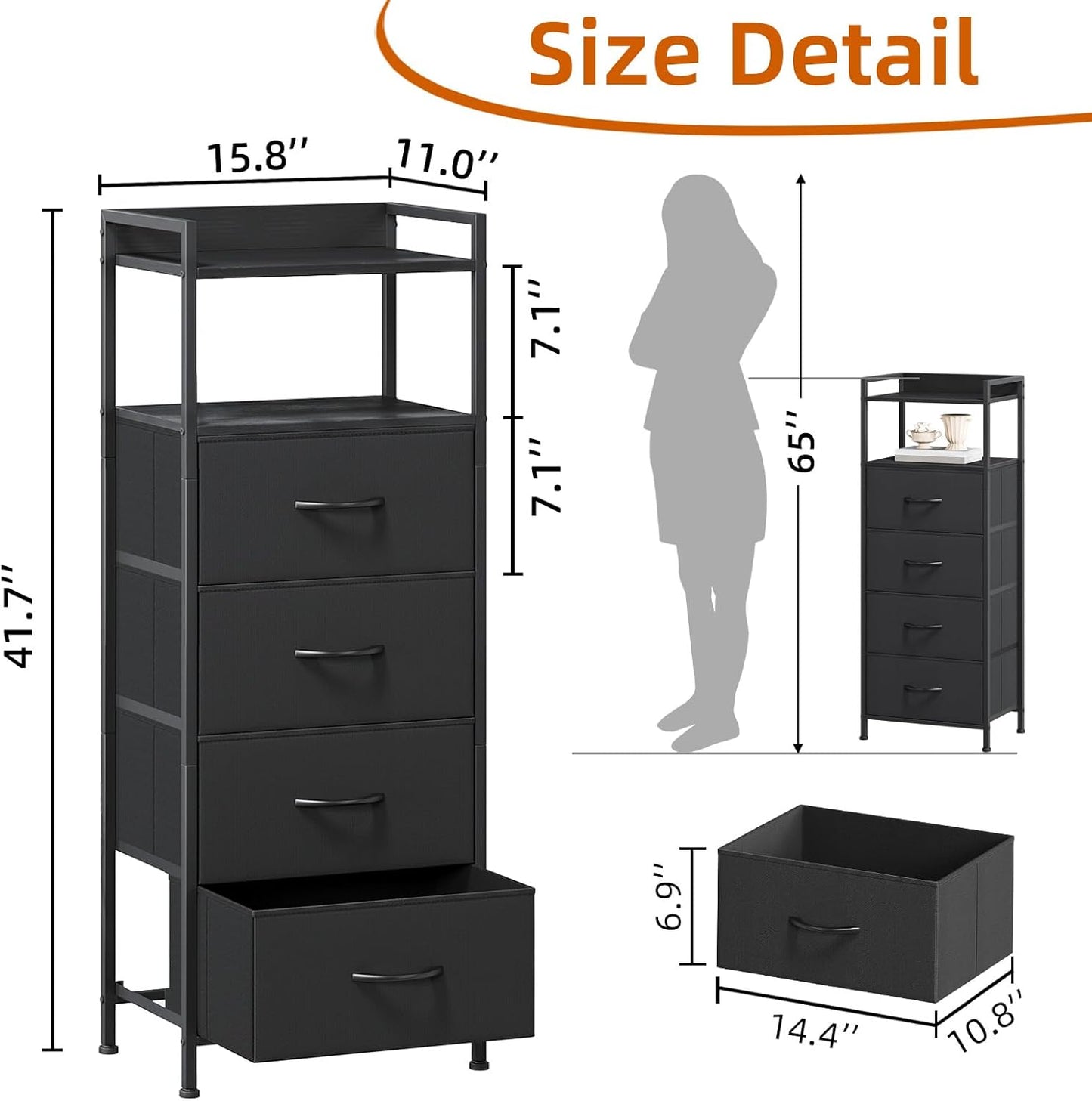 Somdot Night Stand with 4 Drawers, Vertical Storage Tower Fabric Dresser for Bedroom, Nightstand Bedside Table Furniture, Sturdy Steel Frame, Wooden Top & Easy Pull Fabric Bins, Black