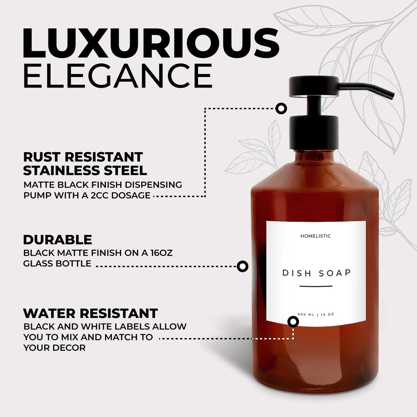 Luxury Glass Soap Dispenser Set of 2 - Elegant Amber Bottles with Matte Black Pumps, Ideal for Kitchen and Bathrooms, Perfect Glass Pump for Modern Homes.