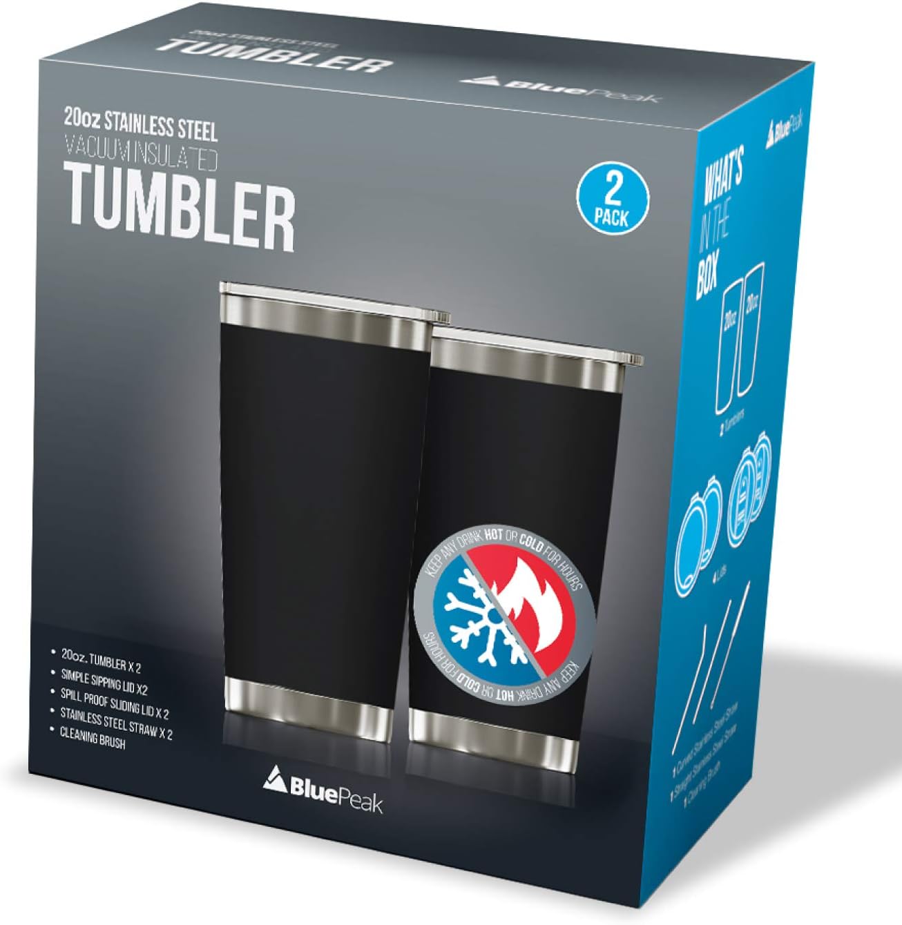 BluePeak Double Wall Vacuum Stainless Steel Insulated Tumblers Set, 2-Pack - Includes 2 Sipping Lids, 2 Spill-Proof Sliding Lids, 2 Straws, 1 Cleaning Brush & Gift Box (30 oz, Black)