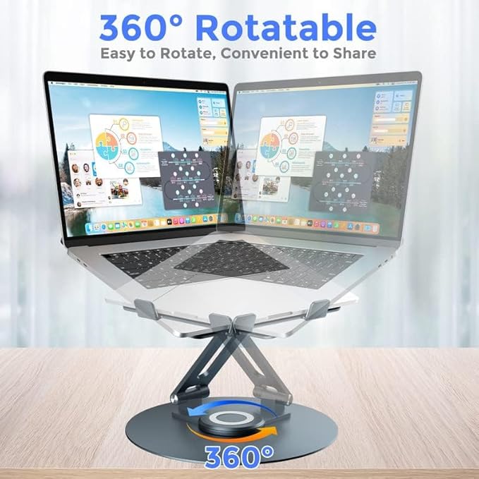 Swivel Laptop Stand for Desk, Adjustable Height Aluminum Computer Stand with 360 Rotating Base, Foldable Ergonomic Riser, Portable Laptop Holder Compatible with MacBook, All Laptops 10-17'', Grey