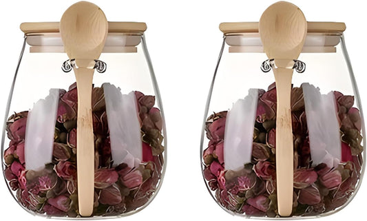 Airtight glass jar storage container with bamboo lid Set of 2, wide mouth, leak-proof, With a spoon, can be used for coffee beans, tea leaves, grains, dried fruits, etc (Middle)