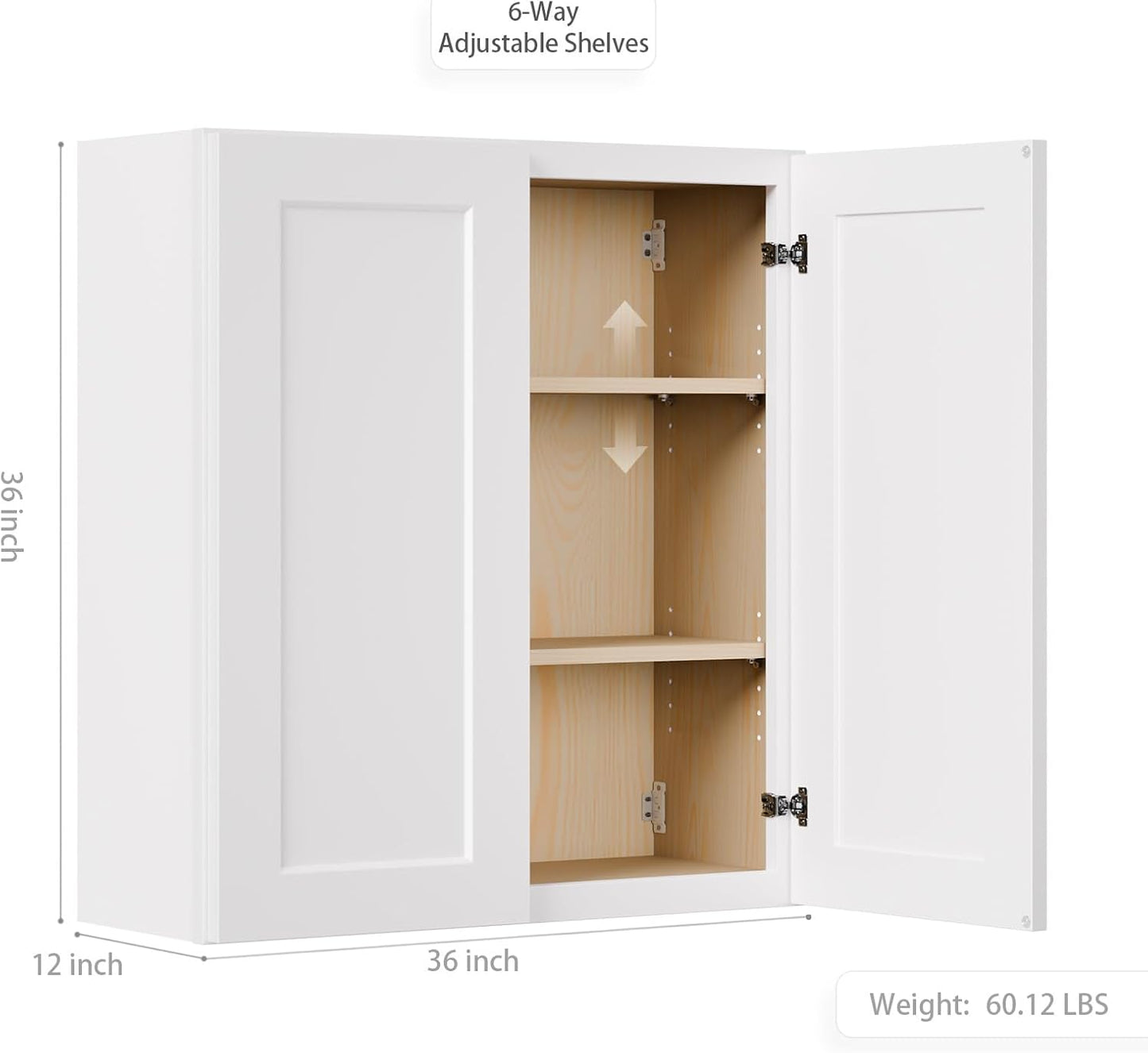 36 Inch Laundry Room Cabinets Wall Mounted, Solid Wood Over The Toilet Storage Cabinet, Bathroom Organizer Cabinets with 2 Shaker Door & Shelves, Easy to Assemble for Kitchen, Garage - White