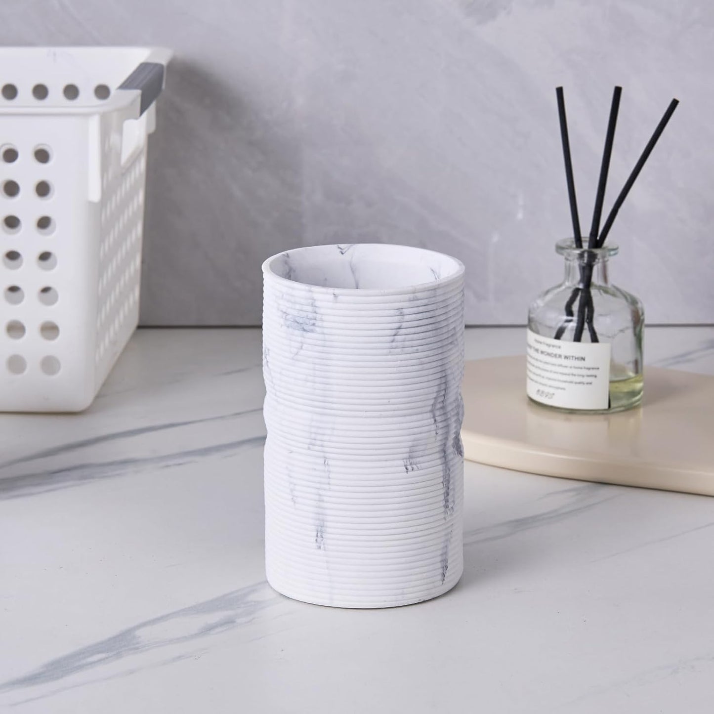 White Marble Ribbed Textures Bathroom Accessories Set 3 Pcs for Countertop - Toothbrush Holder Cup, Foaming Soap Dispenser, Soap Dish - Modern Bathroom Décor Accessory Set for Housewarming Gift