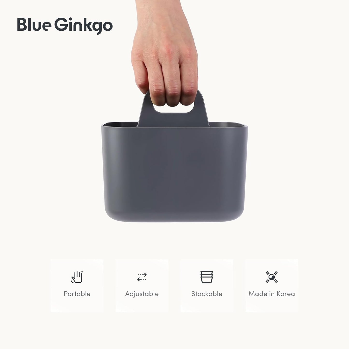 BLUE GINKGO Small Stackable Organizer Caddy – Korean-Made Portable Tote for Bathroom, Office, Crafts, or School Supplies (Square, Gray)