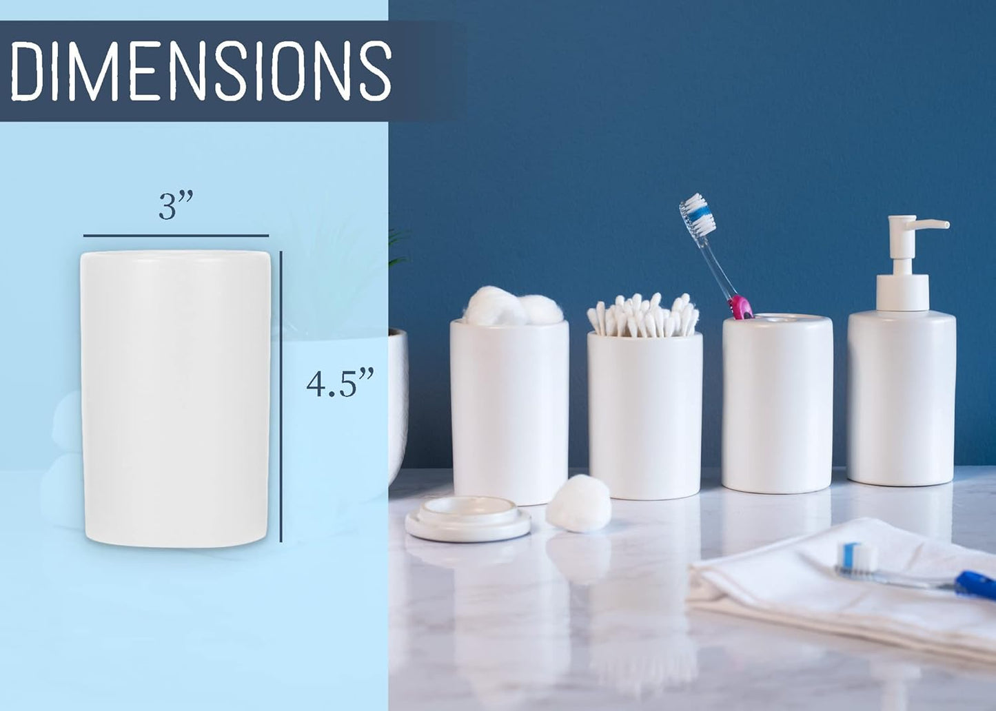 NAT & Jules Chic Modern Rounded 4.5 inch Ceramic Bathroom Accessories Set of 4 - Home Décor & Organization Perfect for Bath or Kitchen Household Essentials, Matte White