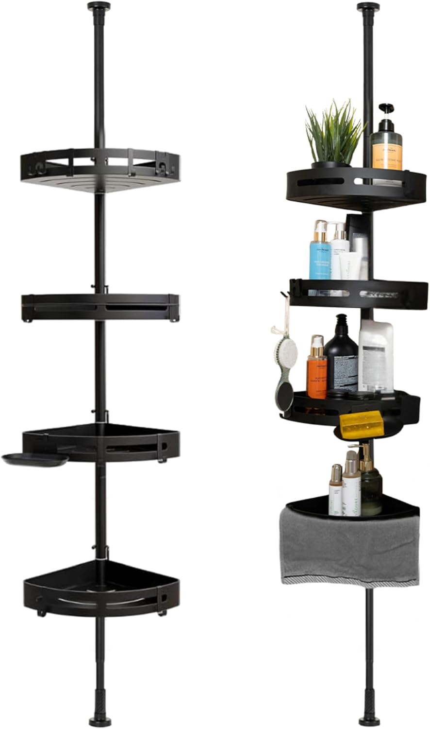 Rustproof Corner Shower Caddy-Tension Pole-LUXURY Model-4 Adjustable Baskets Bath Tub Corner Shower Caddy fits up to 114" ceiling,Bathroom Organizer with Towel Bar, Hooks & Soap Dish (Black)