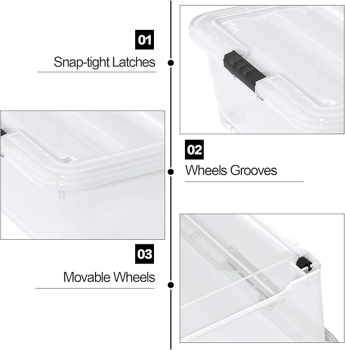 Hespama 3-Pack 50 Quart Plastic Underbed Storage Container Bin, Plastic Latch Box for Under Bed Storage