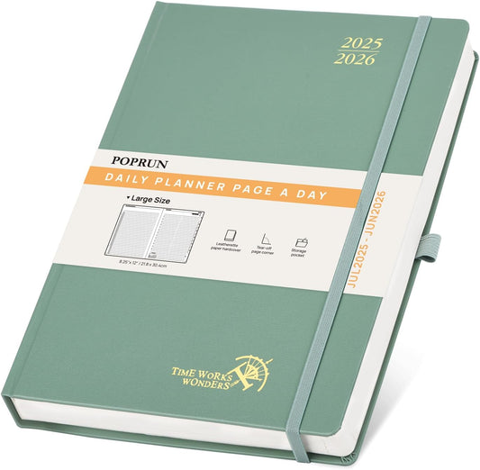 POPRUN 2025-2026 Daily Planner One Page Per Day (Large - 8.25'' x 12'') - Academic Calendar (July 2025 - June 2026), 2025 Day Appointment Book with Monthly Tabs, Hardcover - Midnight Green