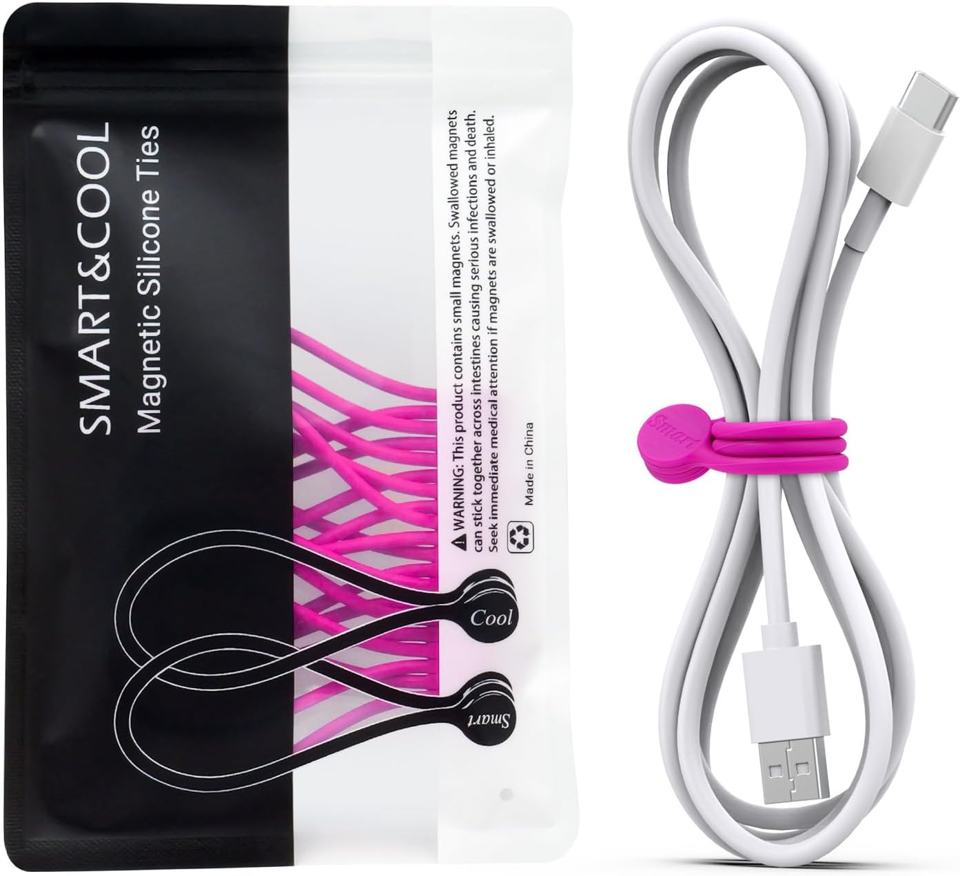 SMART&COOL Reusable Silicone Magnetic Cable Ties for Bundling and Organizing, Holding Stuff, Book Markers, Fridge Magnets, Assorted Color, 7.16'' (10-Pack, Pink)