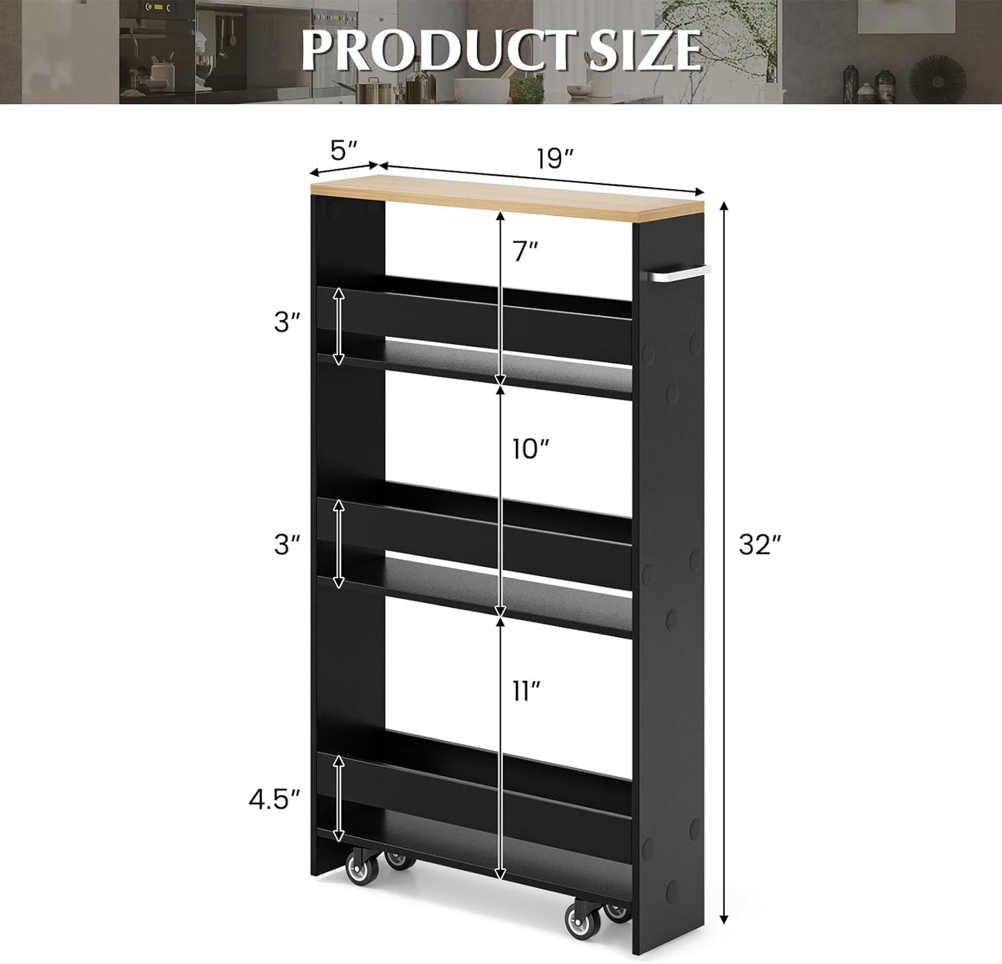 LOKO Slim Storage Cart, 4-Tier Rolling Cart with Handle & Wooden Top for Kitchen Bathroom Laundry Living Room Narrow Small Spaces, 5 Inches Width (Black & Natural)