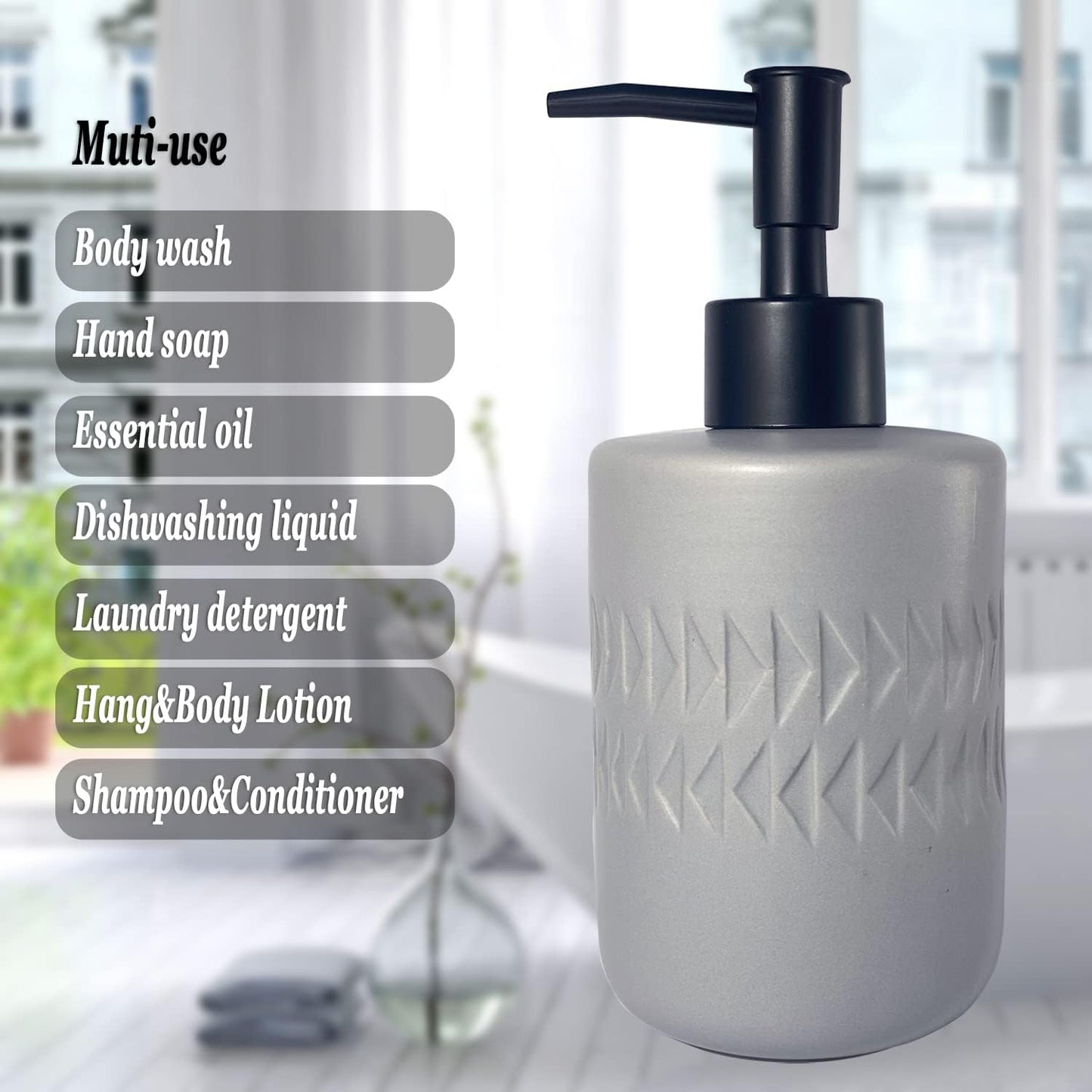 Gray Soap Dispenser with Matte Black Pump for Bathroom,Cylindrical Lotion Dispenser,12oz Ceramic Relief Hand Dish Soap Dispenser,Refillable Liquid Dispenser for Kitchen (Relief Gray)
