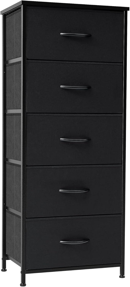 Crestlive Products Vertical Dresser Storage Tower - Sturdy Steel Frame, Wood Top, Easy Pull Fabric Bins - Organizer Unit for Bedroom, Hallway, Entryway, Closets - 5 Drawers(Black)