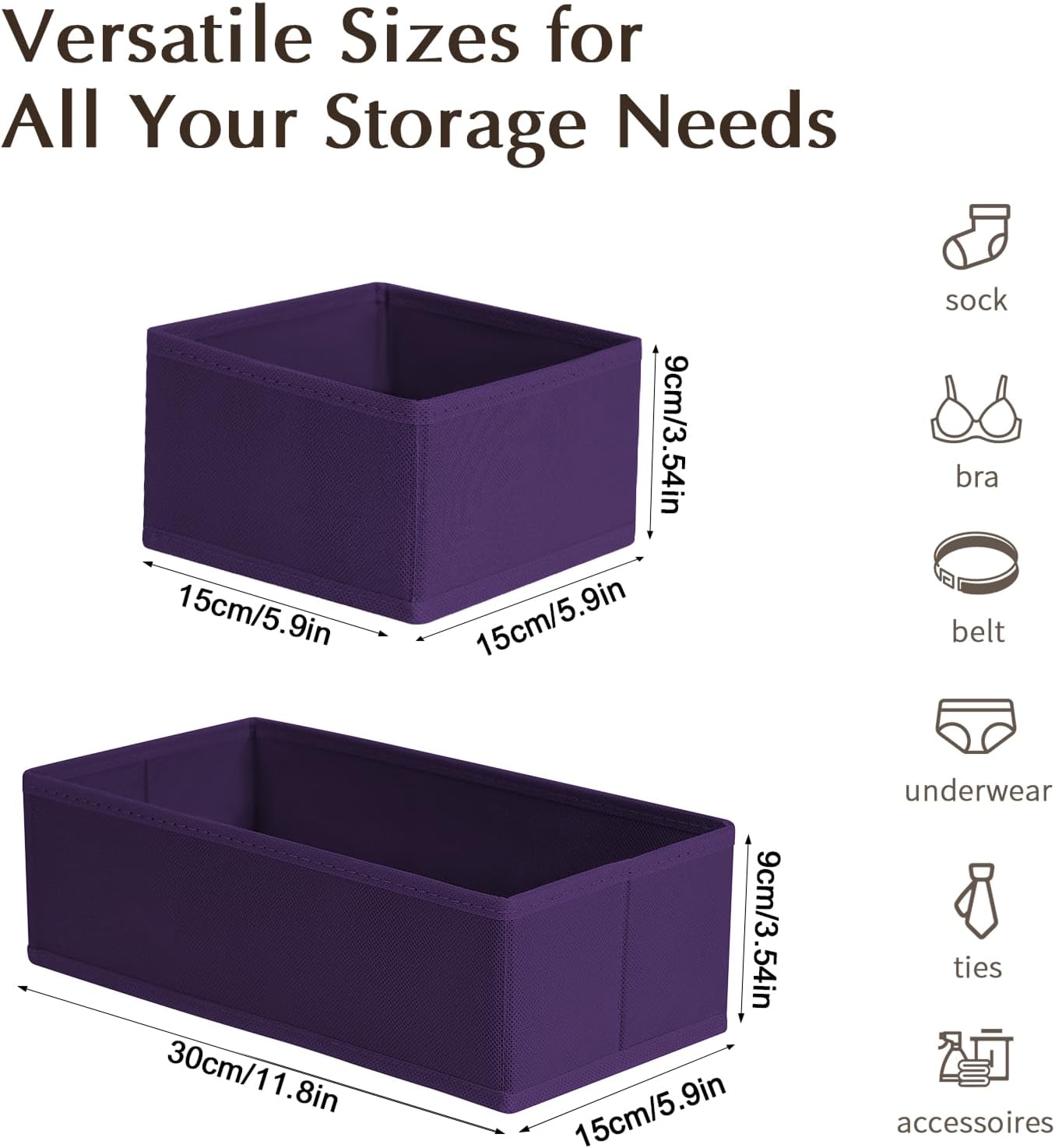 DIMJ Drawer Organizers Clothes, Set of 8 Dresser Organizer Bins, Fabric Closet Organizers and Storage, Shallow Drawer Dividers for Nursery, Clothing, Baby Clothes, Socks, Underwears, Tie (Purple)