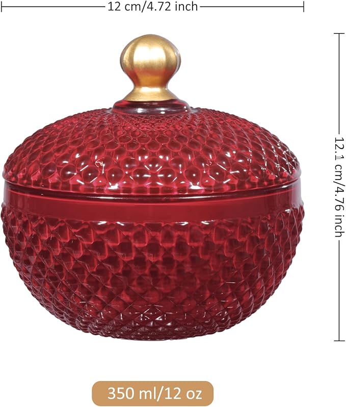 Joeyan 12 oz Small Red Glass Jewelry Box Jars with Lid,Embossed Glass Candy Dishes,Diamond Faceted Food Container,Decorative Apothecary Canisters,Colored Kitchen Bathroom Buffet Storage Organizer