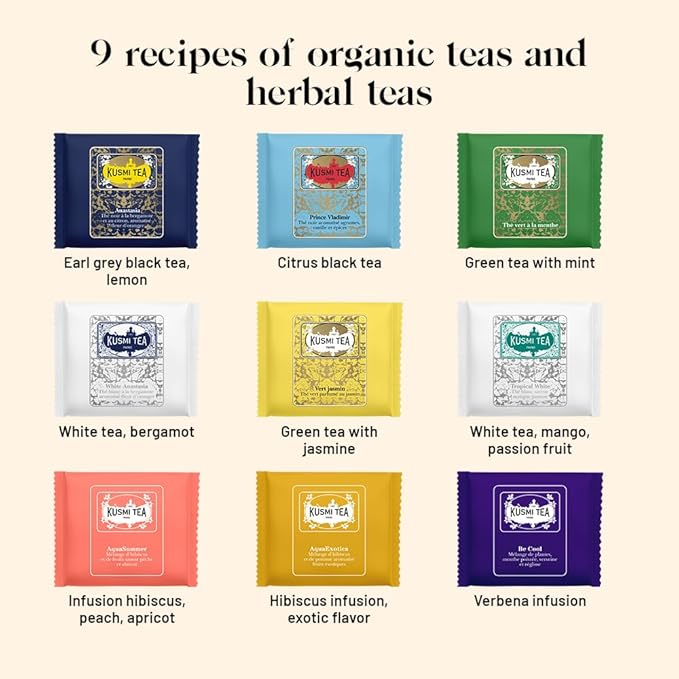 Kusmi Tea - Sampler Assortment Variety Box - Gift Idea for Men and Women - Organic Tea - Green Tea, Black Tea, Herbal Tea, White Tea - A Selection of 9 Flavores - 45 Tea Bags - Kusmi Discovery Set