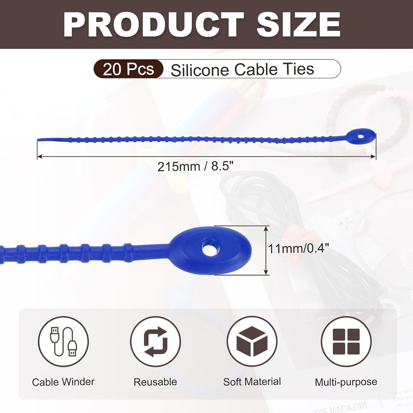 uxcell 20 Pcs Silicone Ties Bag Clip, 8.5 Inch Multi Purpose Silicone Zip Ties Reusable Rubber Zip Tie, Cable Strap Cord Organizer for Home Office Food Bag Wires Cables, Black Blue