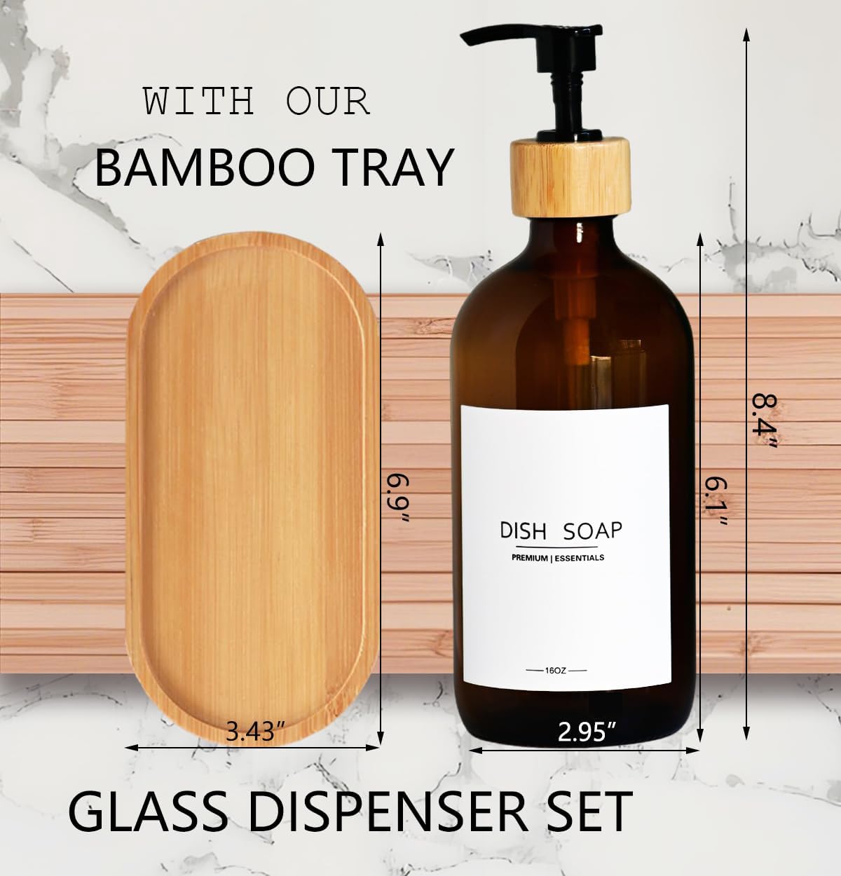 Luxury Glass Soap Dispenser Set - 2 Refillable 16.9oz Bottles, Bamboo Pump & Tray for Farmhouse & Modern Decor, 9 Waterproof Labels for Kitchen/Bathroom (Amber Bottle+Black Bamboo Pumps+Tray)