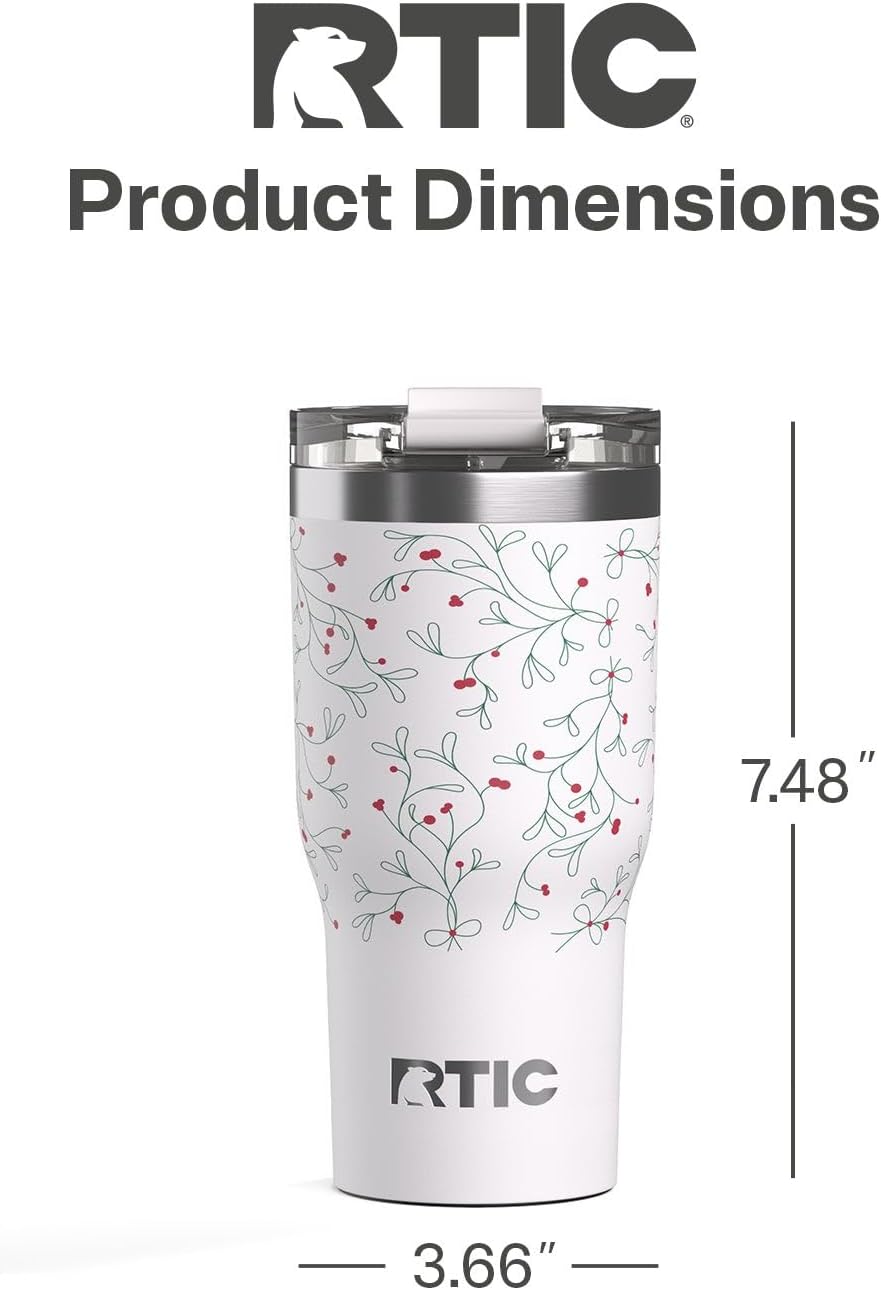 RTIC 20oz Essential Tumbler with Lid, Ceramic Lined, Insulated, Stainless Steel, Metal, Double Wall Vacuum-Insulation, Travel Cup for Iced Coffee, Tea, Hot and Cold Drink, Mistletoe
