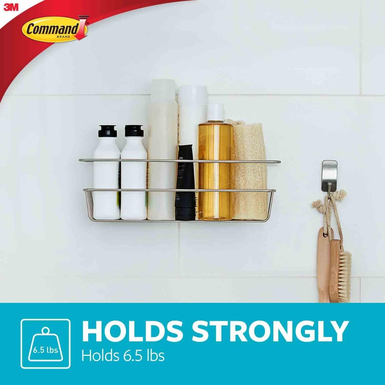 Command Shower Caddy Satin Nickel with Water Resistant Command Strips, Bathroom Organizer, Holds up to 6.5 lbs