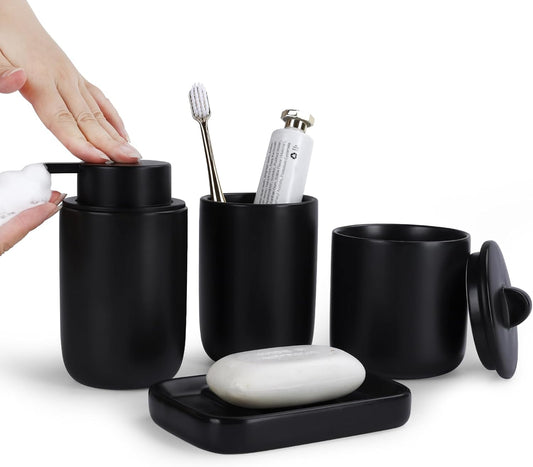 BosilunLife Black Bathroom Accessories Set - Ceramic Bathroom Accessories Sets Complete Foaming Soap Dispenser and Toothbrush Holder Set, Soap Dish, Qtip & Cotton Ball Holder Modern Bathroom Set