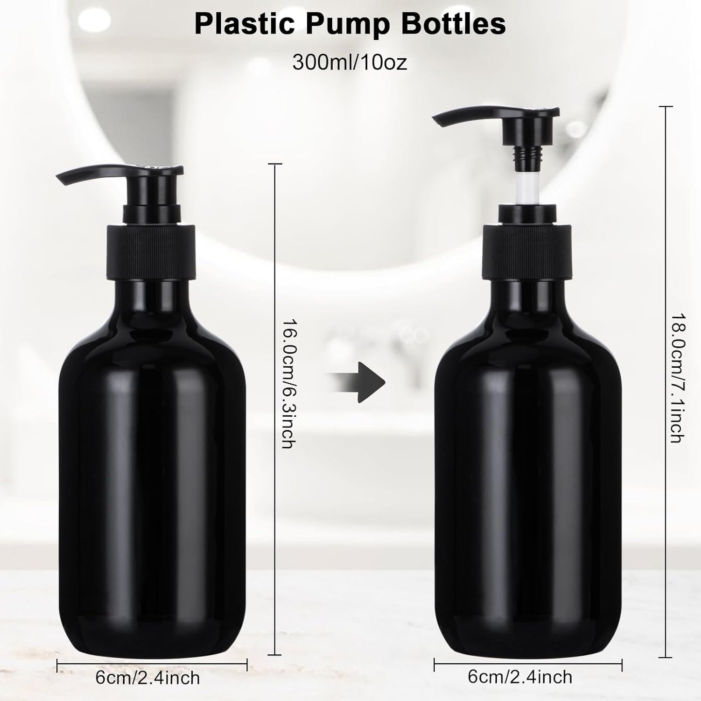 Yebeauty Pump Bottle Dispenser, 10oz 300ml Empty Plastic Shampoo Conditioner Dispenser, Refillable Shower Soap Dispenser Pump Bottle Liquid Containers for Kitchen Bathroom, 2 Pack Black
