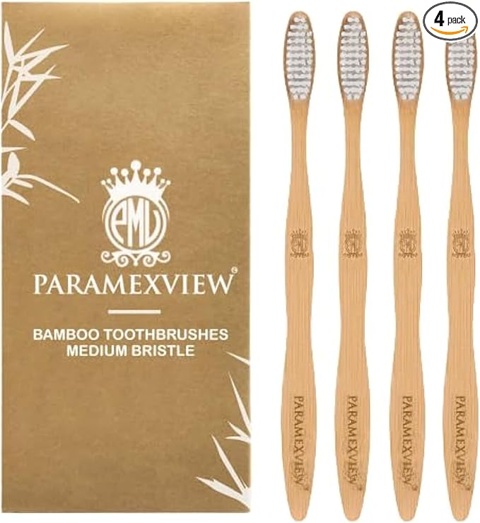 Paramexview® Natural Bamboo Toothbrushes Set of 4 | BPA-Free Medium Bristles, Eco-Friendly | Biodegradable Handle, Charcoal Infused and Organic Base (White)