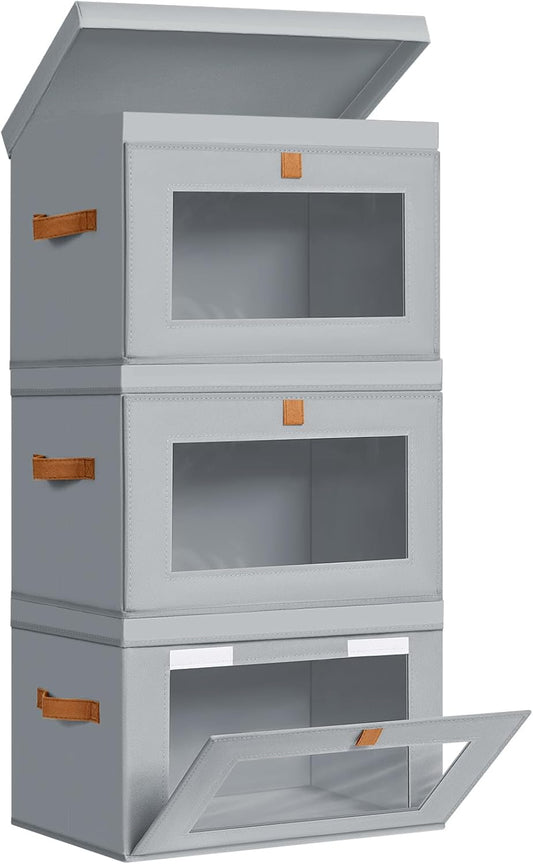 DIMJ Storage Bins with Lids - 3 Pack Large Fabric Closet Organizer with Window & Handles, Collapsible Decorative Storage Boxes for Shelves Under Bed, Books Clothes Blankets Sweaters Organization