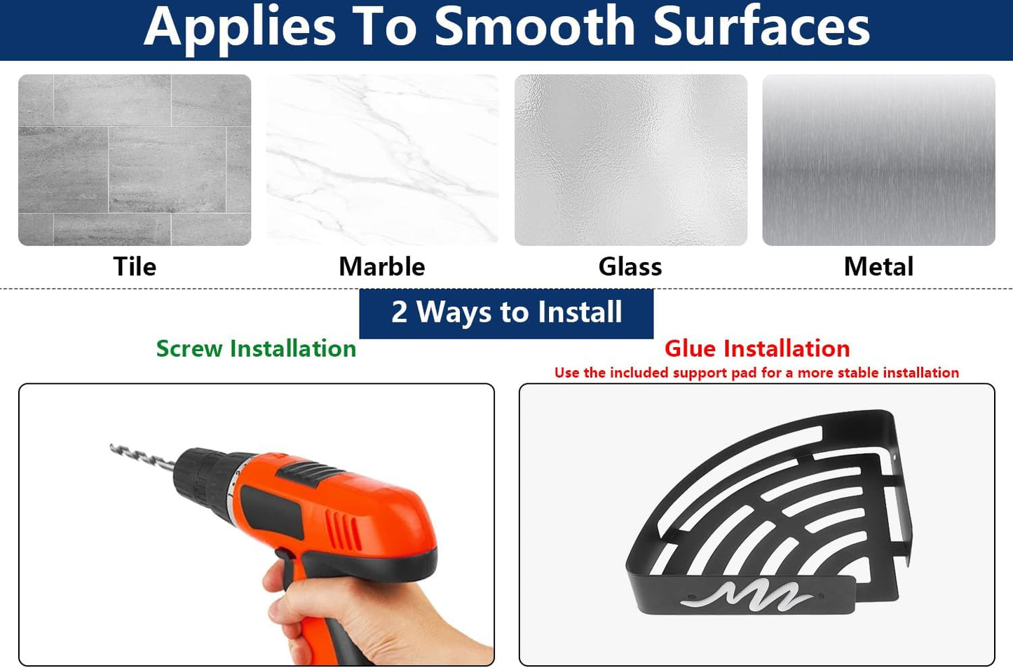 NearMoon Bathroom Shower Caddy 2 Pack, No Drill 304 Stainless Steel Shower Organizer with 2 Hooks (Corner Shelf, Matte Black)