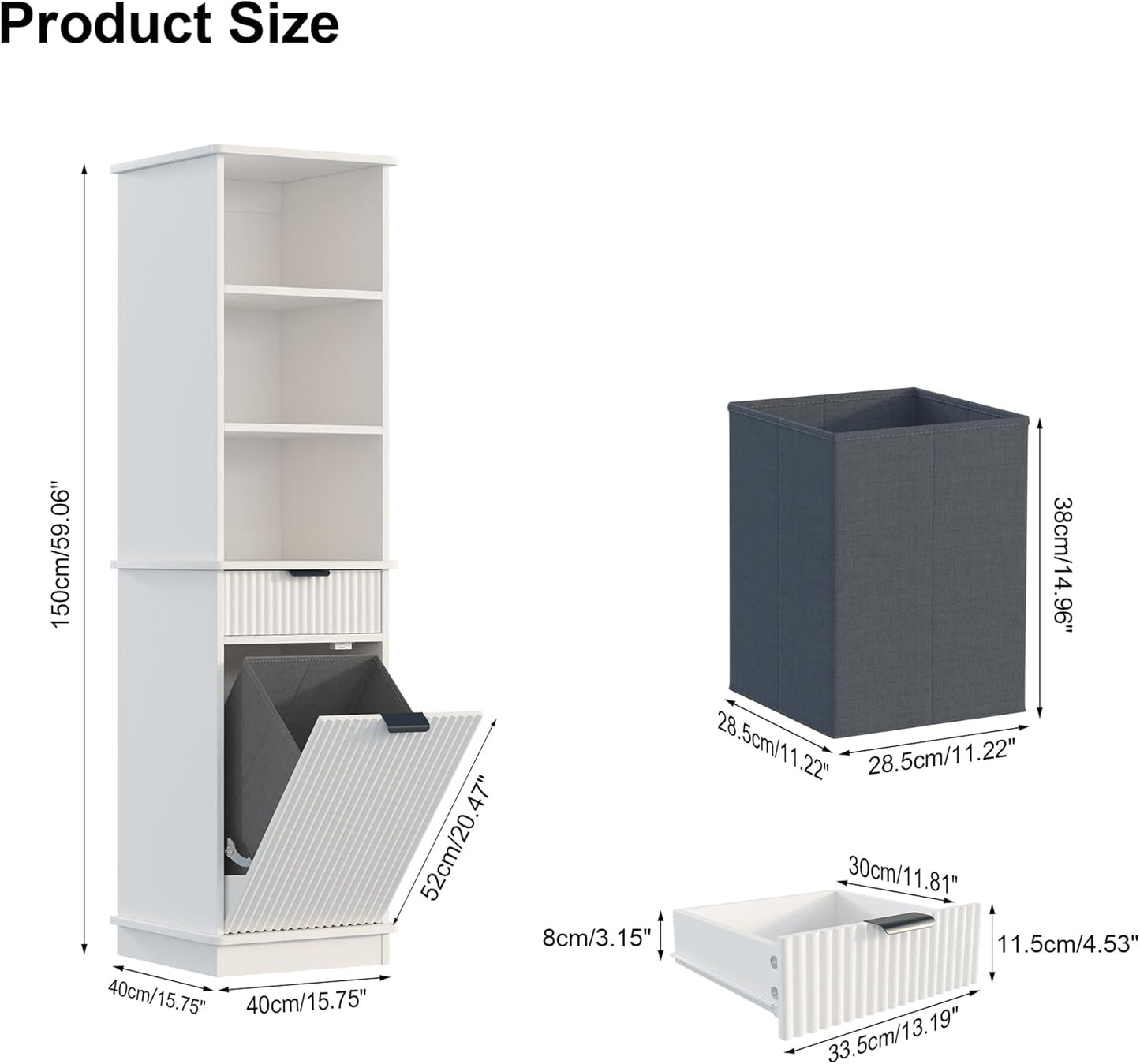 White Tilt Out Laundry Hamper Tall Bathroom Storage Cabinet Hidden Laundry Hamper Cabinet with Drawers and Baskets for Bathroom Hamper with Storage for Bedroom,16x16x59in