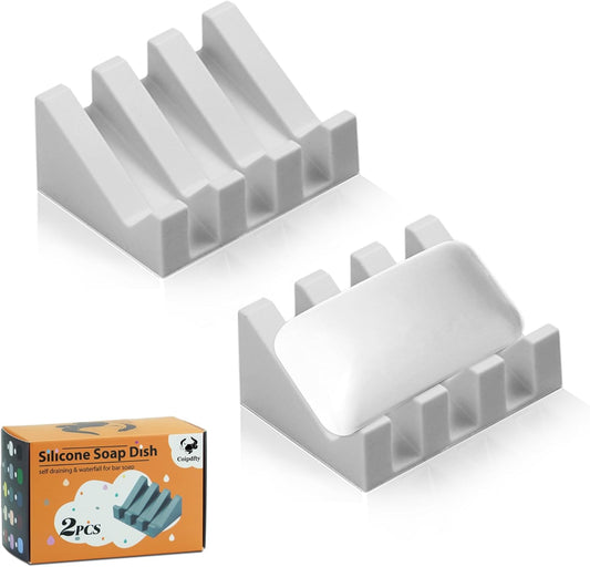 Self Draining Soap Dish Holder,Silicone Soap Dish,for Bathroom,Kitchen, Sponges，Can Extend Soap Life，Keep Soap Bars Dry and Easy Cleaning (2, Light Grey)