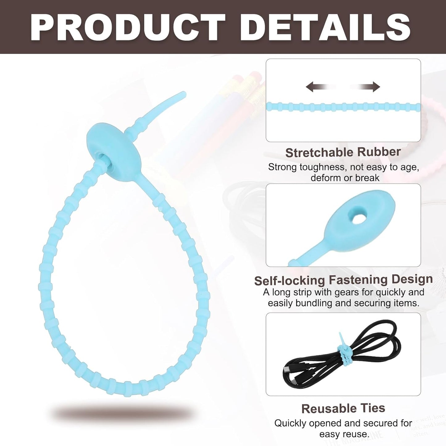 uxcell 20 Pcs Silicone Ties Bag Clip, 8.5 Inch Multi Purpose Silicone Zip Ties Reusable Rubber Zip Tie, Cable Strap Cord Organizer for Home Office Food Bag Wires Cables, Light Blue