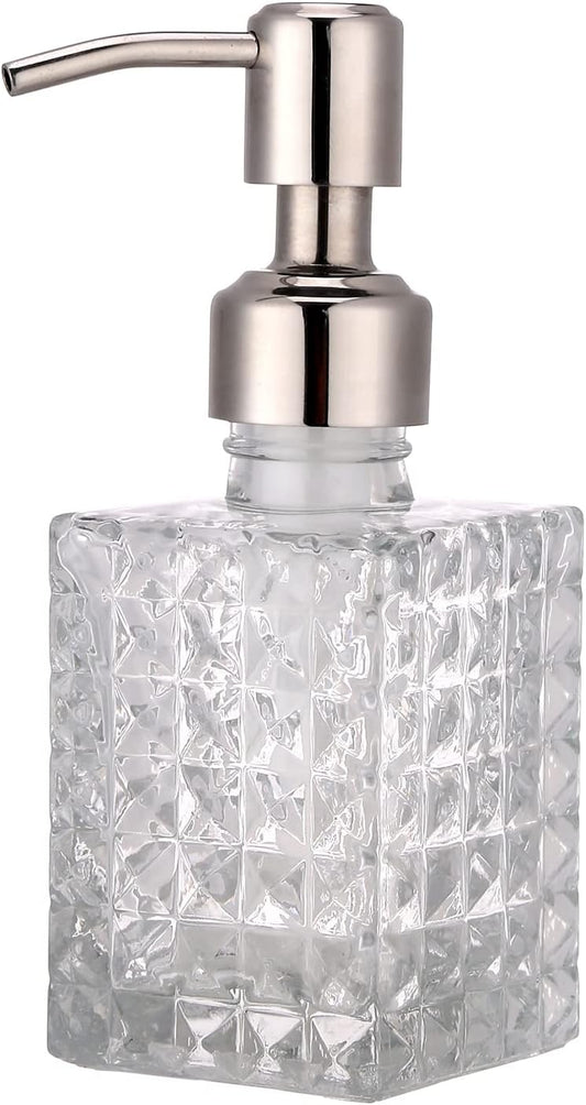 Soap Dispenser with Stainless Steel Pump, Clear Crystal Design, Vintage and Elegant, Refillable Liquid Hand Soap Dish Soap Dispensers for Bathroom Counter, Kitchen Sink (Style 4)