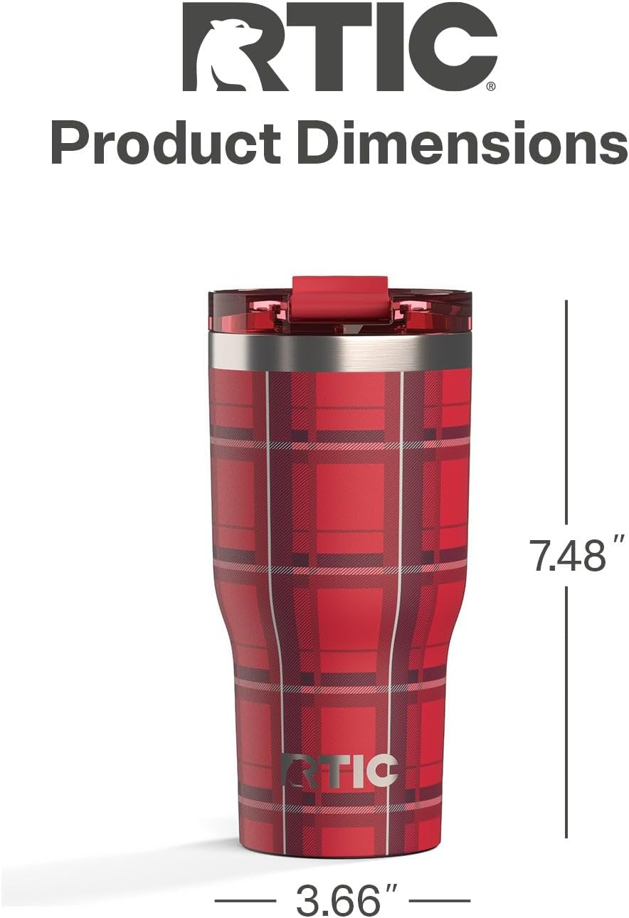 RTIC 20oz Essential Tumbler with Lid, Ceramic Lined, Insulated, Stainless Steel, Metal, Double Wall Vacuum-Insulation, Travel Cup for Iced Coffee, Tea, Hot and Cold Drink, Red Plaid