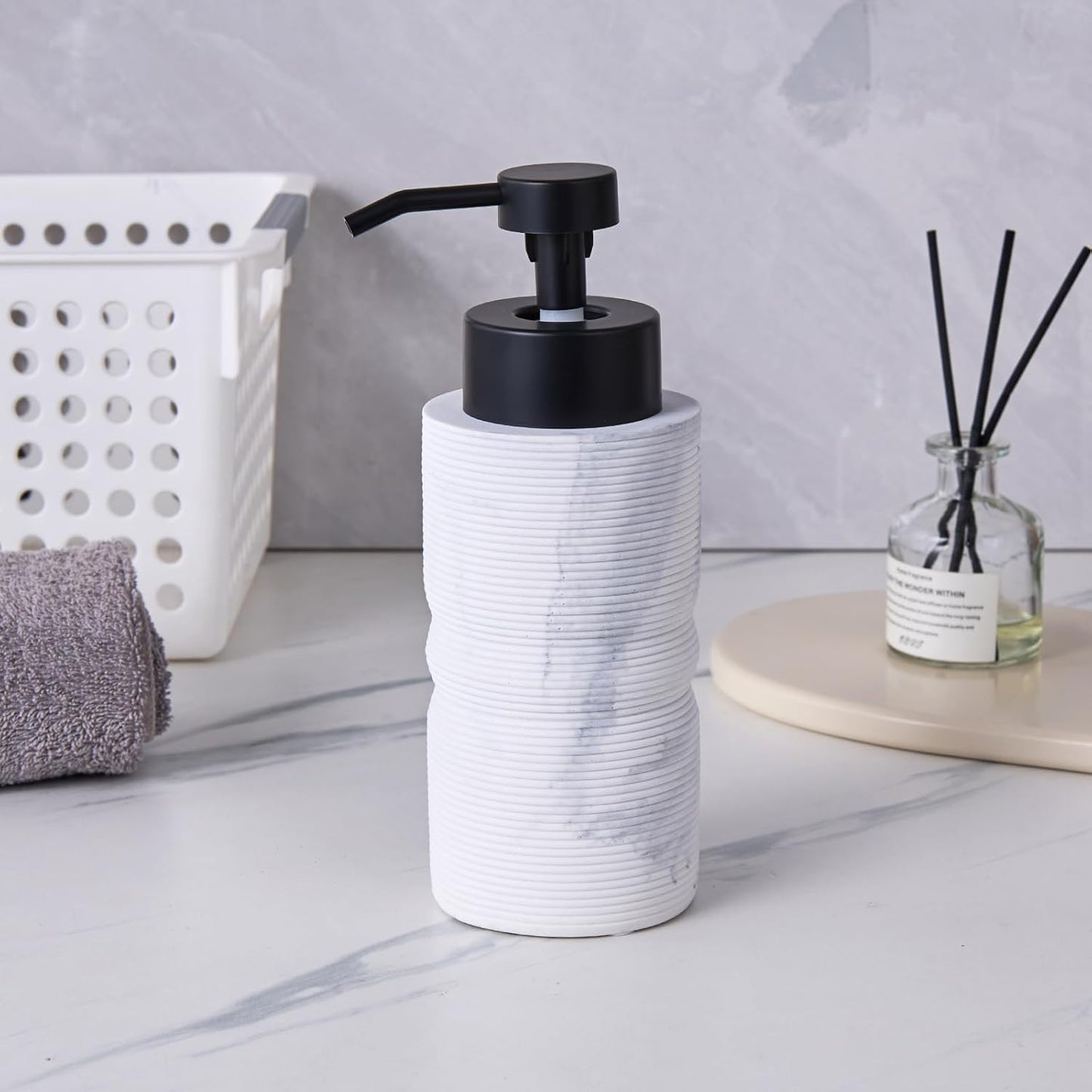White Marble Ribbed Textures Bathroom Accessories Set 3 Pcs for Countertop - Toothbrush Holder Cup, Foaming Soap Dispenser, Soap Dish - Modern Bathroom Décor Accessory Set for Housewarming Gift