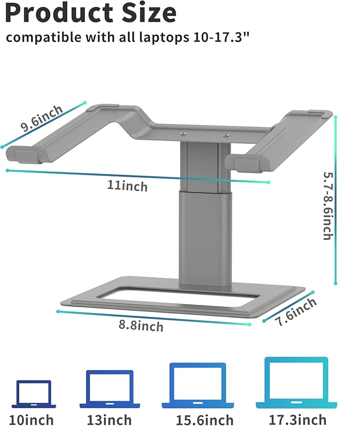SOUNDANCE Adjustable Laptop Stand for Desk, Computer Stand, Ergonomic Laptop Riser Holder Compatible with 10 to 17.3 Inches Notebook PC Computer, Aluminum Grey