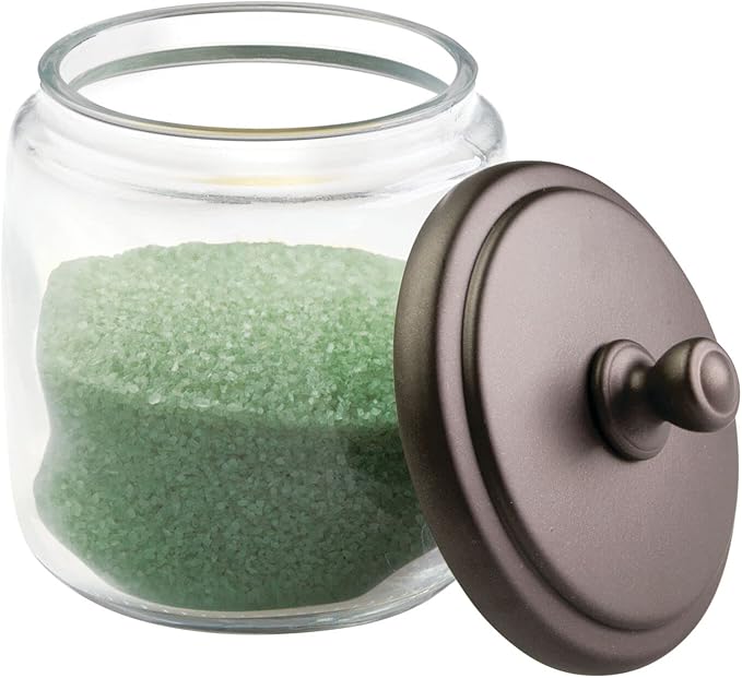 mDesign Small Apothecary Organizer Canister Jars - Glass Containers with Steel Lid for Bathroom, Organization Holder for Vanity, Counter, Hamill Collection - 2 Pack - Clear/Bronze