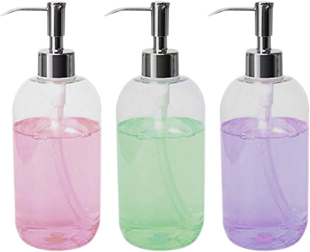 Clear Plastic Soap Dispenser Pump Bottles – 3 Pack, 16 Oz – Refillable Hand Soap Dispensers for Bathroom or Kitchen, BPA-Free Boston Round Pump Bottles for Liquid Soap, Dish Soap, Lotion