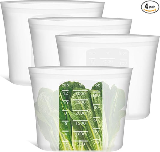 Extra Large Reusable Silicone Food Storage Bags 4 Pack, 0.8 Gallon/3000ml, 100% Silicone Stand-Up Wide-Open Zip-Lock Reusable Bags for Large Items, Microwave Freezer Oven Dishwasher Safe, Translucent
